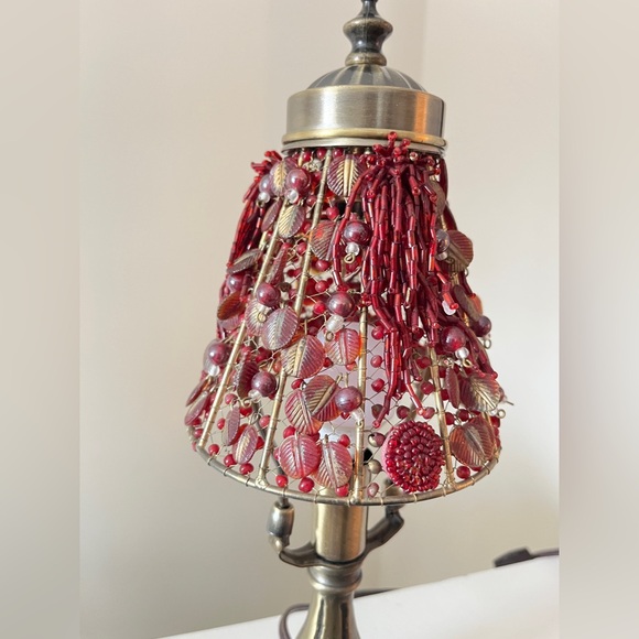 Vintage Red Glass Beaded Table Lamp with Bronze Base - Picture 3 of 6